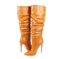 Women Faux Leather Pleated  Knee High Boots