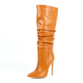 Women Faux Leather Pleated  Knee High Boots