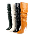 Women Faux Leather Pleated  Knee High Boots