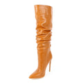 Women Faux Leather Pleated  Knee High Boots