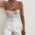 Ivory Pearl Mesh Lace Long Sleeve Top