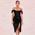 Off Shoulder Corset Draped Satin Dress